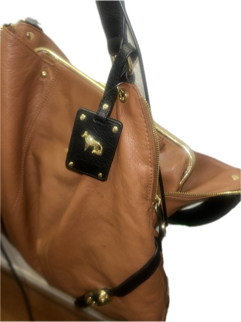 Emma Fox Large Cognac Pebbled Leather Hobo Shoulder Bag Black Trim Gold Hardware - Picture 7 of 13